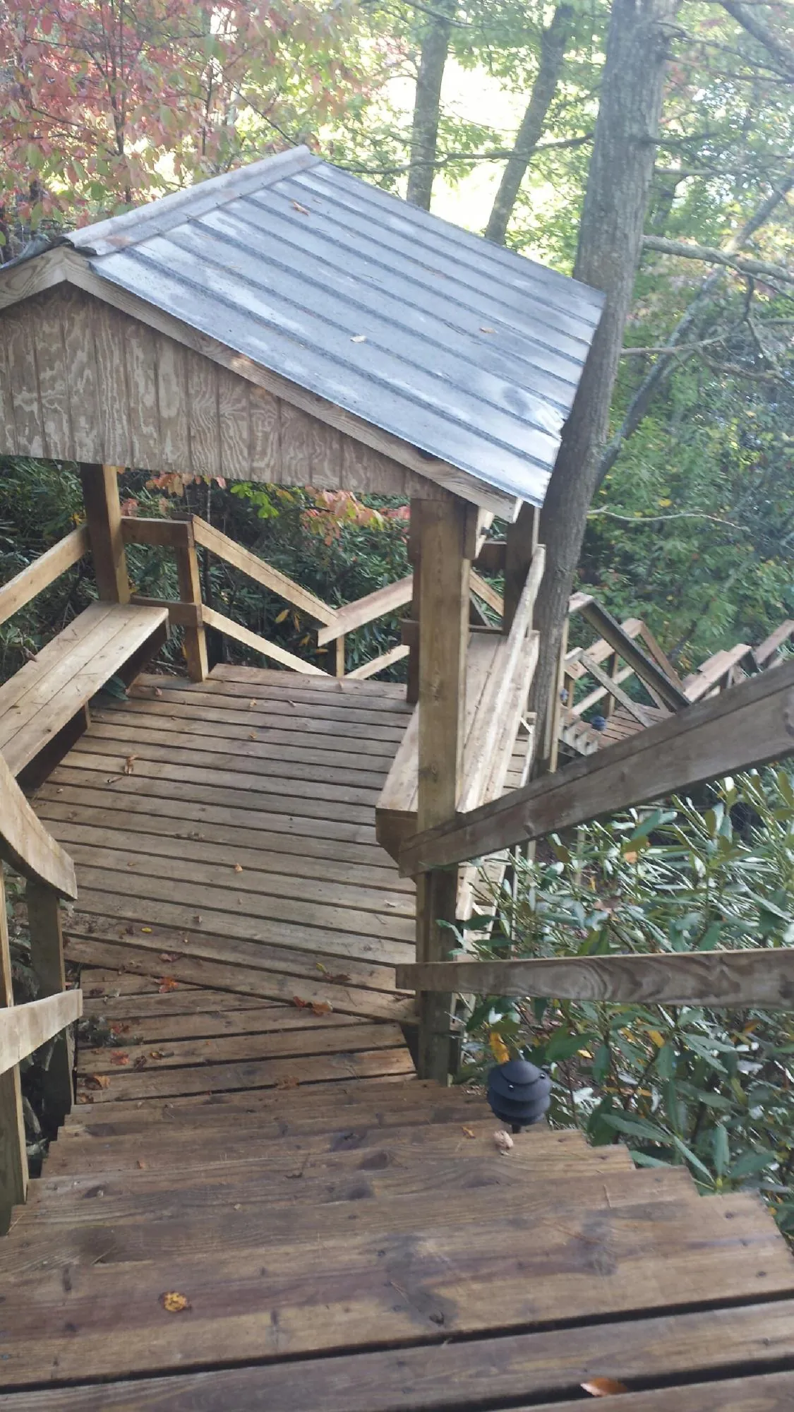 Metal roofed shelter over wooden steps on a wooded walkway — Skylight Repair & Installation work by our crew in Bear River City